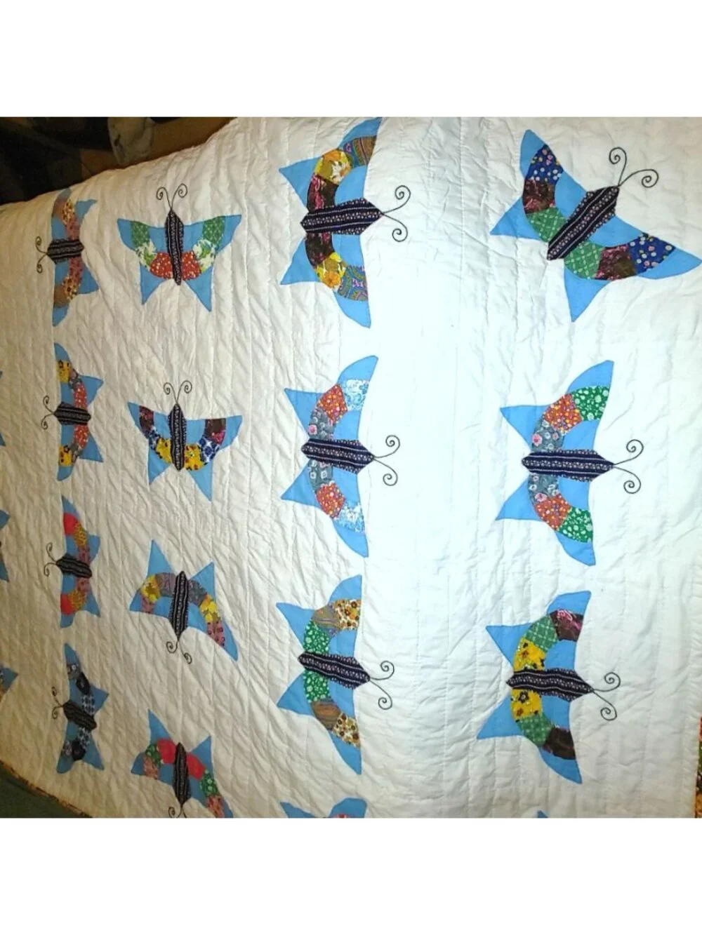 1970s Butterfly Quilt Vintage Handmade Multi Color Patchwork Appliqué 80 by 64